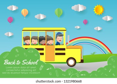 Paper art of Back to school, kids on School bus, education concept, paper cut style vector illustration isolated on background, Template for advertising brochure, your text,