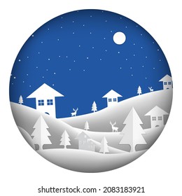 Paper art background with Christmas tree and dear snows with snow hill