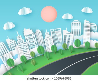 Paper art background with city view. Fluffy paper clouds, road, green lawn with trees, scyscrapers. Trendy origami paper cut style. Vector illustration