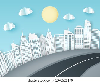 Paper art background with city view. Fluffy paper clouds, road, scyscrapers. Trendy origami paper cut style. Vector illustration