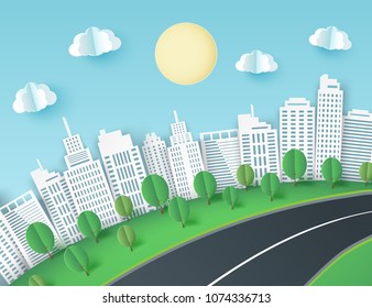 Paper art background with city view. Fluffy paper clouds, road, green lawn with trees, scyscrapers. Trendy origami paper cut style. Vector illustration
