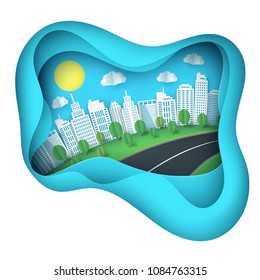 Paper art background with city view. Fluffy paper clouds, road, green lawn with trees, scyscrapers. Trendy origami paper cut style. Paper cut deep style vector