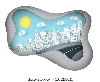 Paper art background with city view. Fluffy paper clouds, road, scyscrapers. Trendy origami paper cut style. Paqper cut deep style vector