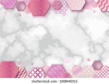 Paper art background with japan pattern, brochure in trendy geometric style, marble stone texture , gold rose metal, glitter, chinese eastern ornament, trendy vector fashion invitation, gift card