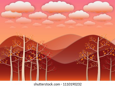 Paper art background, mountaing of forest in autumn under clouds and sunset sky
