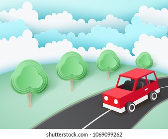 Paper art background with red car on the road near green lawn with trees. Fluffy paper clouds. Vacation and travel concept. Vector illustration