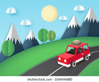 Paper art background, red car with luggage on the road near mountains, green lawn with trees. Fluffy paper clouds and sun. Vacation and travel concept. Vector illustration