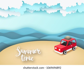 Paper art background with red car park at beach with sea waves, fluffy paper clouds and summer time text. Vacation and travel concept. Vector illustration