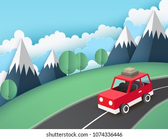 Paper art background, red car with luggage on the road near mountains, green lawn with trees. Fluffy paper clouds. Vacation and travel concept. Vector illustration