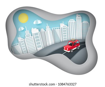 Paper art background with red car escape from the city. Fluffy paper clouds, sun and scyscrapers Vacation and travel concept. Paper cut deep style vector