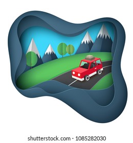 Paper art background, red car with luggage on the road near mountains, green lawn with trees. F Vacation and travel concept. Paper cut deep style vector