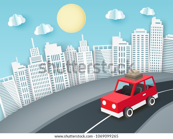 Paper art background with red car escape\
from the city. Fluffy paper clouds, sun and scyscrapers Vacation\
and travel concept. Vector\
illustration