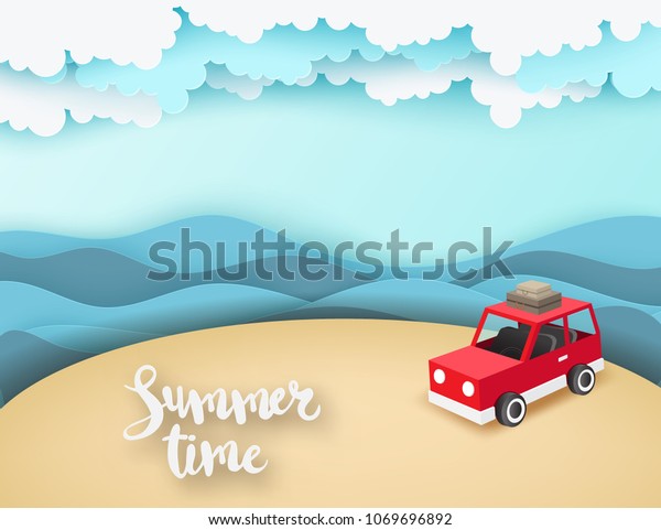 Paper art background with red car\
park at beach with sea waves, fluffy paper clouds and summer time\
text. Vacation and travel concept. Vector\
illustration