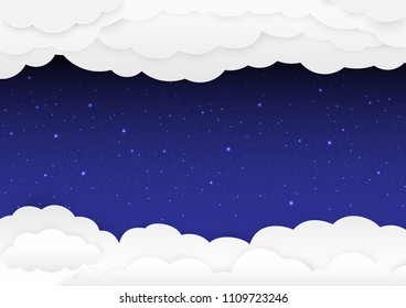 Paper art background, white clouds, dark blue night, shimmering stars.