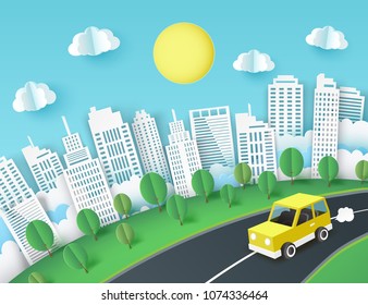 Paper art background with yellow car escape from the city. Fluffy paper clouds, trees, sun and scyscrapers Vacation and travel concept. Vector illustration