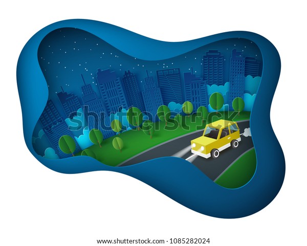 Paper art background\
with yellow car escape from the night city. Fluffy paper clouds,\
trees, stars and scyscrapers. Vacation and travel concept. Paper\
cut deep style vector