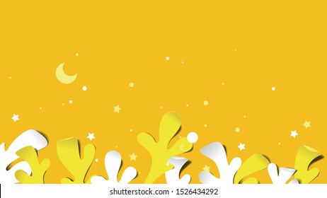Paper art background, yellow and white liquid splash and confetti on orange
