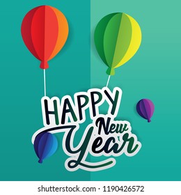 Paper art ballons carry a happy new year article. Origami vector illustration.