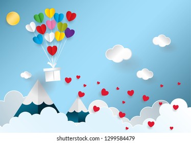 Paper art of balloon color flying and  heart in the sky, valentine's day celebrate concept vector illustration 

