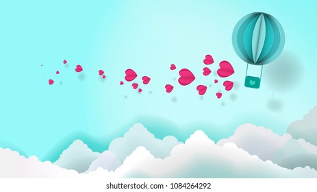 Paper art of balloon flying and scatter heart in the sky, origami , Greeting ,spring ,celebrating and valentine's day concept, vector art and illustration.