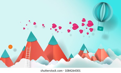 Paper art of balloon flying and scatter heart in the sky, origami , Greeting ,spring ,celebrating and valentine's day concept, vector art and illustration.