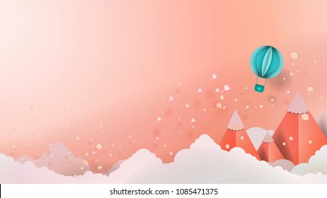 Paper art of balloon flying and scatter heart in the sky, origami , Greeting ,spring ,celebrating and valentine's day concept, vector art and illustration.