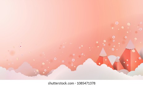 Paper art of balloon flying and scatter heart in the sky, origami , Greeting ,spring ,celebrating and valentine's day concept, vector art and illustration.