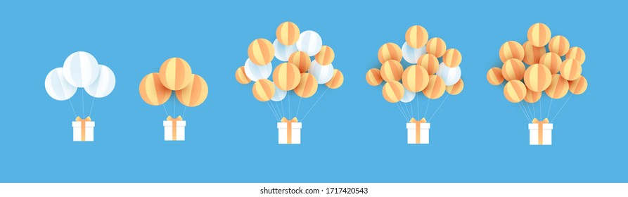 paper art of balloon white floating and Gift Box on in the air blue sky background for Merry Christmas and Festival poster. Creative design paper craft and cut with Holiday season.vector.illustration