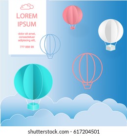 Paper art of balloons, paper art idea, vector art and illustration. Balloons with clouds and banner for your text. Concept of freedom, summer day, origami made hot air balloon flying on blue sky. 