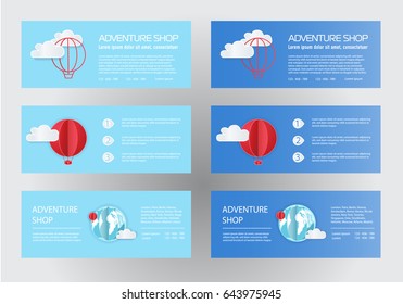 Paper art of balloons,  paper art idea, vector art and illustration. Balloons with clouds and banner for your text. Concept of freedom and travel, origami made hot air balloon flying on blue sky.