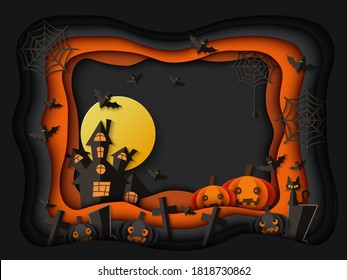 Paper art banner and background template for Halloween with horror and scary house, moon and pumpkins, bats and cats. Flat orange and black paper illustration for halloween.