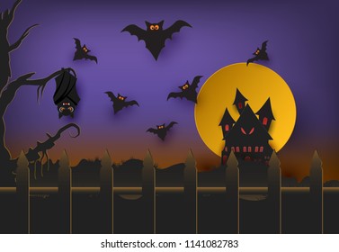 Paper art of bat and castle Halloween paper art background paper cut style illustration