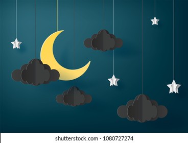 Paper art of beautiful night with origami clouds,star and moon.Vector eps10.