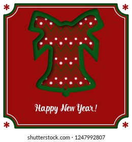 Paper art of the bell symbol with happy new year wishes. Festive vector illustration. Bell icon with cutout from paper effect. Green and red colors.