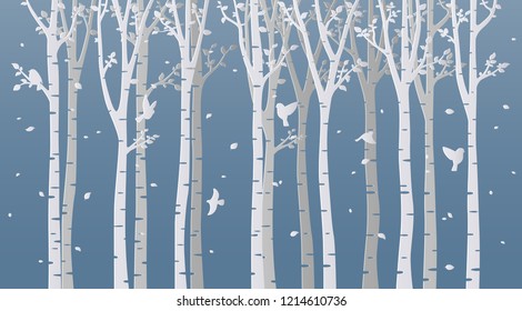 Paper art birch tree on blue background