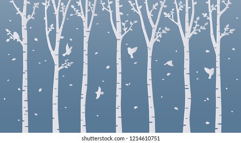 Paper art birch tree on blue background