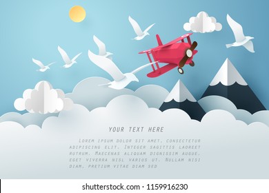 Paper Art Bird And Airplane Fly Above The Cloud, Travel And Freedom Concept, Vector Art And Illustration.