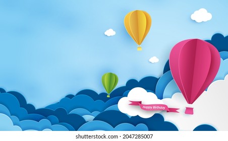 Paper art of birthday with balloon and cloud in the sky. can be used for Wallpaper, invitation, posters, banners. Vector design.