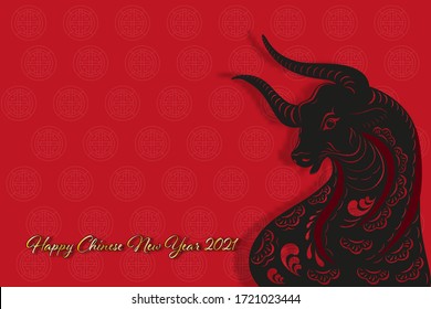 Paper art black bull with Happy chinese new year 2021 in gold with copy space, Zodiac sign,Year of ox on red background, Element design for chinese lunar zodiac collection