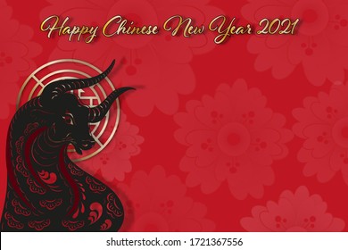 Paper art black bull with Happy chinese new year 2021 in gold with copy space, Zodiac sign,Year of ox on red background, Element design for chinese lunar zodiac collection