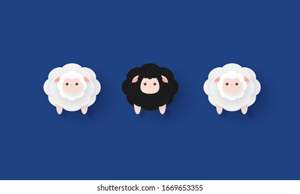 Paper art of black sheep between white sheep, stand out, Concept inspiration business