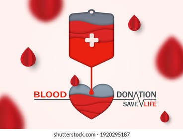 Paper Art Blood Bag Donate With Heart For Publicize To The Public To Join Blood Donor For Poster, Banner, Card And Background. Vector Illustrator Blood Donation Day Concept.