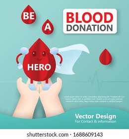 Paper Art Blood Hero.BE A HERO - Give Blood For Publicize To The Public To Join Blood Donor For Poster, Banner, Card And Background.vector Illustrator Blood Donation Day Concept.