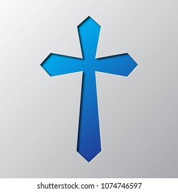 Paper art of the blue Christian cross isolated. Vector illustration. Christian cross icon is cut from paper.
