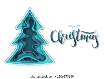 Paper art blue fir-tree in realistic trendy craft style. 2020 Happy New Year. Christmas holidays background. Elements of design material for holiday banner. Vector illustration on white isolated backg