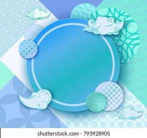 Paper art blue frame with japan wave pattern, brochure, business card template or background in trendy oriental geometric style, chinese eastern ornament, trendy vector fashion invitation, gift card