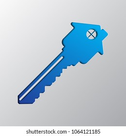 Paper art of the blue house with key, isolated. Vector illustration. Key with building icon is cut from paper.