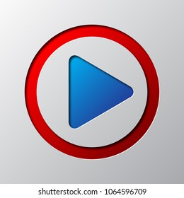 Paper art of the blue play button isolated. Vector illustration. Play icon is cut from paper.