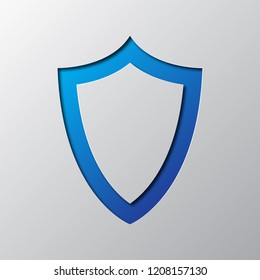 Paper art of the blue shield isolated. Vector illustration. Shield icon is cut from paper.