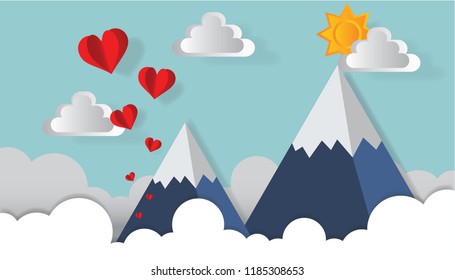 paper art, blue sky and scatter heart in the sky, origami and valentine day's concept, vector illustration